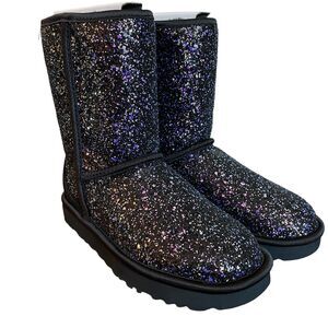 UGG Classic Short Cosmos Boots Size 5 Black With Purple Glitter Sparkle 1105390